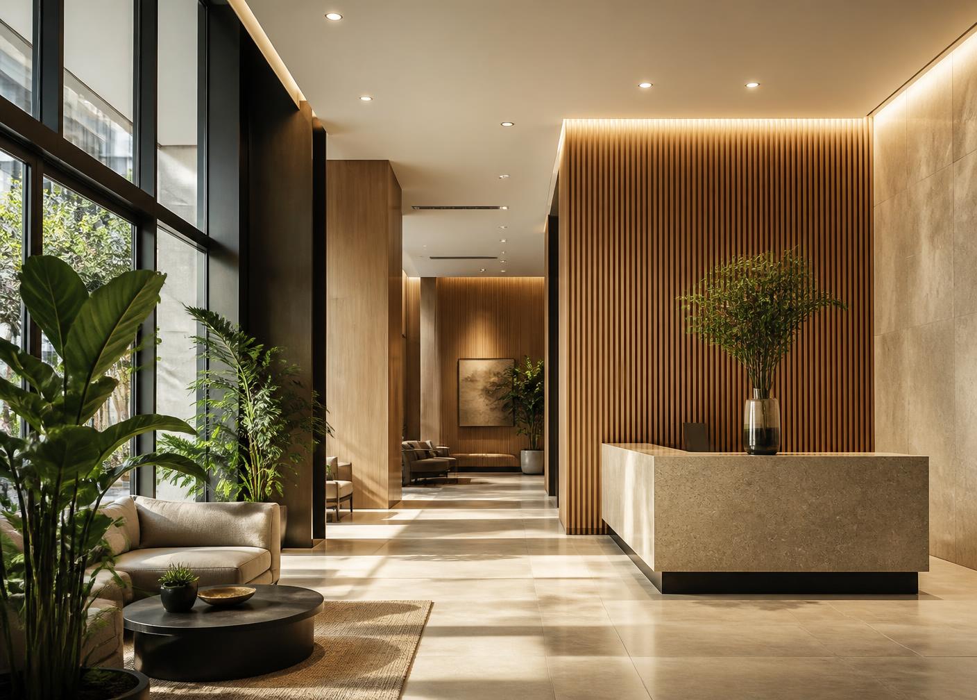Hall de entrada de condomínio moderno com madeira e vegetação