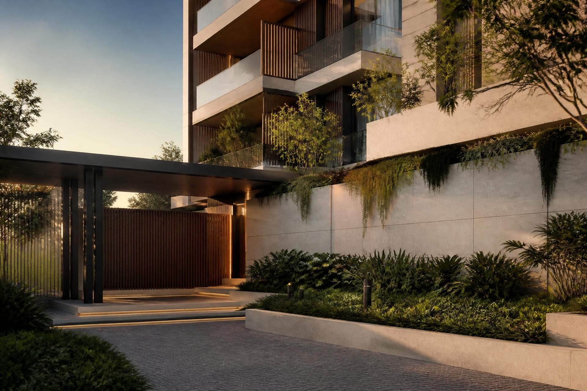 Fachada de condomínio contemporâneo com jardim ao entardecer